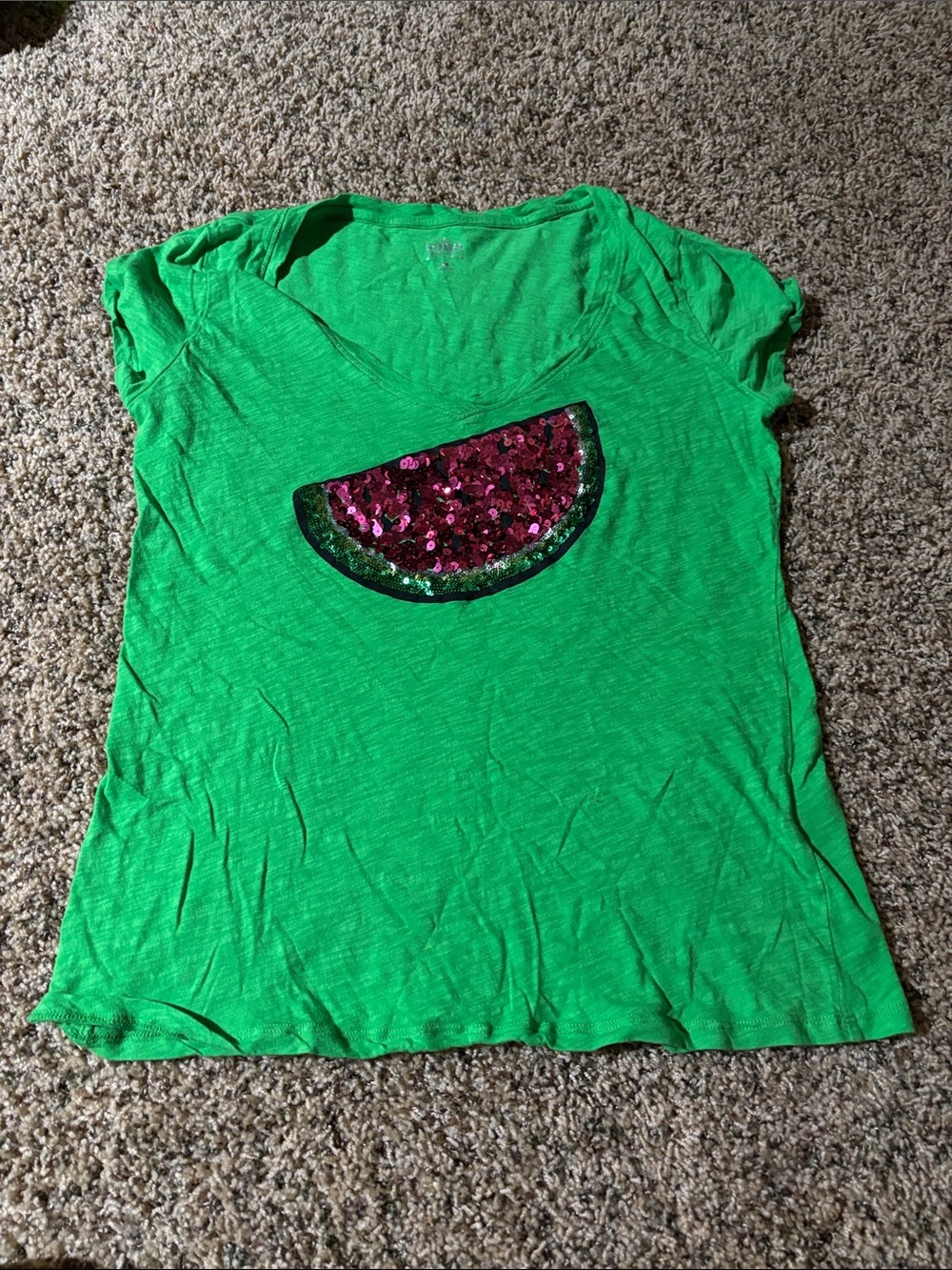 New York & Company Green Short Sleeve Tee with Pink Sequin Watermelon